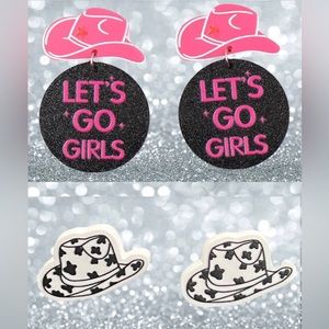 Pink Cowgirl Hat • Black & White Cow Print Cowboy Studs Western Acrylic Earrings